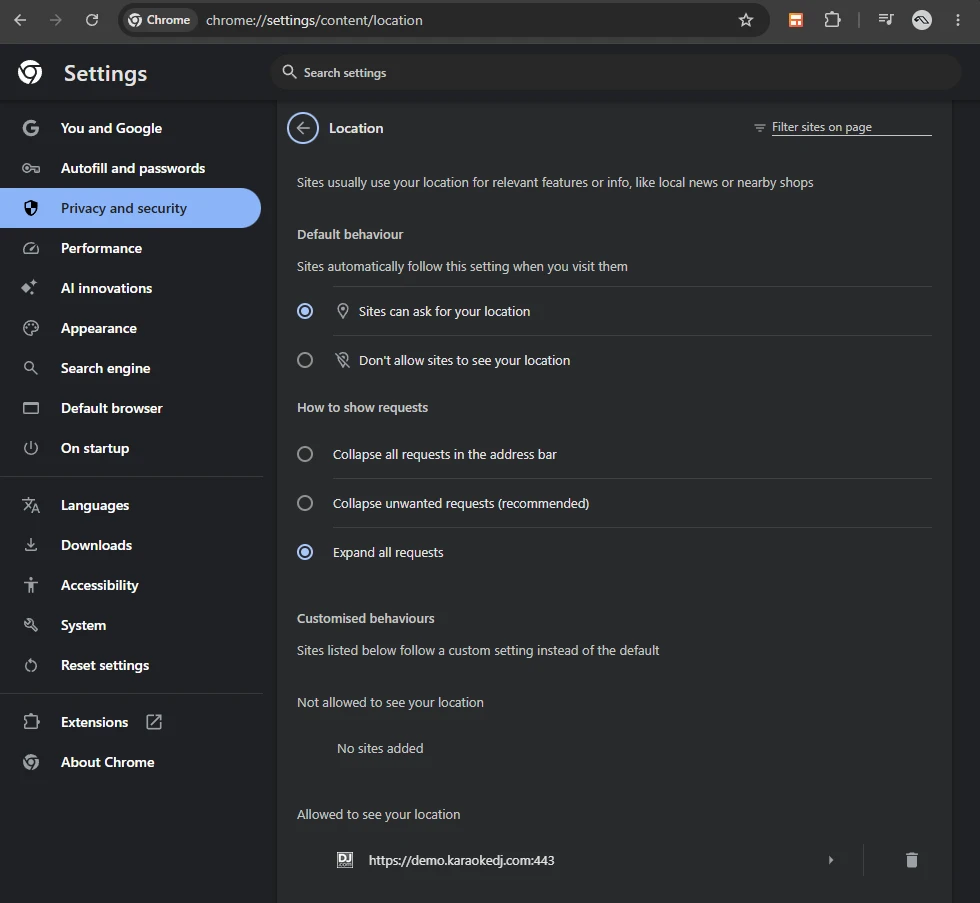 Chrome settings at chrome://settings/content/location showing a karaokedj.com subdomain allowed to see location